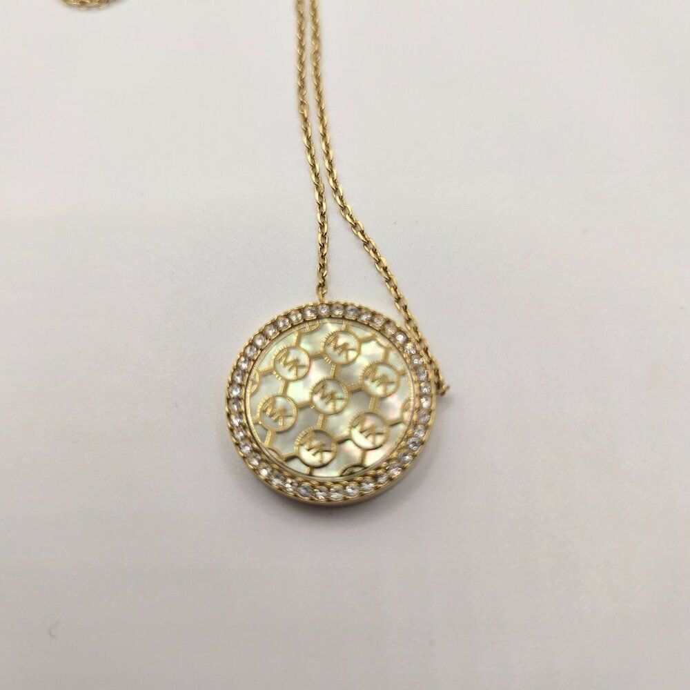 Michael Kors Gold Tone Pave Monogram Mother of Pearl Necklace - Picture 7 of 7
